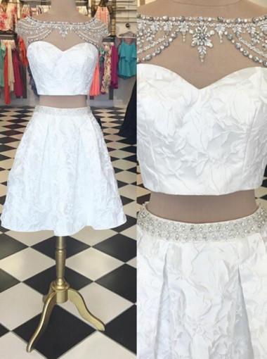 Trendy Two Piece Bateau Cap Sleeves Short White Homecoming Dress Beading Lace RS454