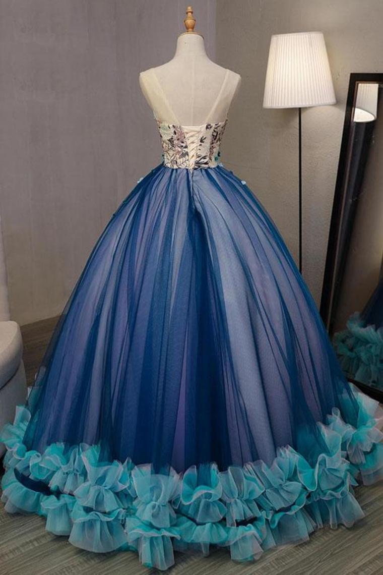 Ball Gown V Neck Sleeveless Appliqued Tulle Prom Dress Hot Quinceanera SRSP46YC47P