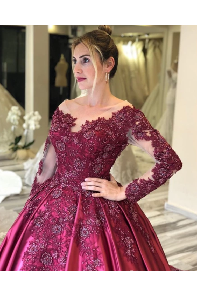 Prom Dress With Long Sleeves And Floral Embroidery Burgundy Colored Court SRSPJ8SLMB9
