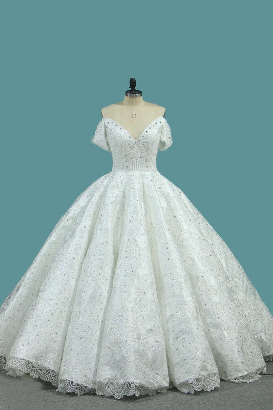 2024 Luxurious Satin Ball Gown Off The Shoulder Wedding Dress With Appliques And Beads