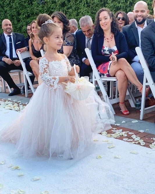 Ball Gown Long Sleeve Tulle Appliques Flower Girl Dresses with Bowknot, Baby Dresses SRS15560