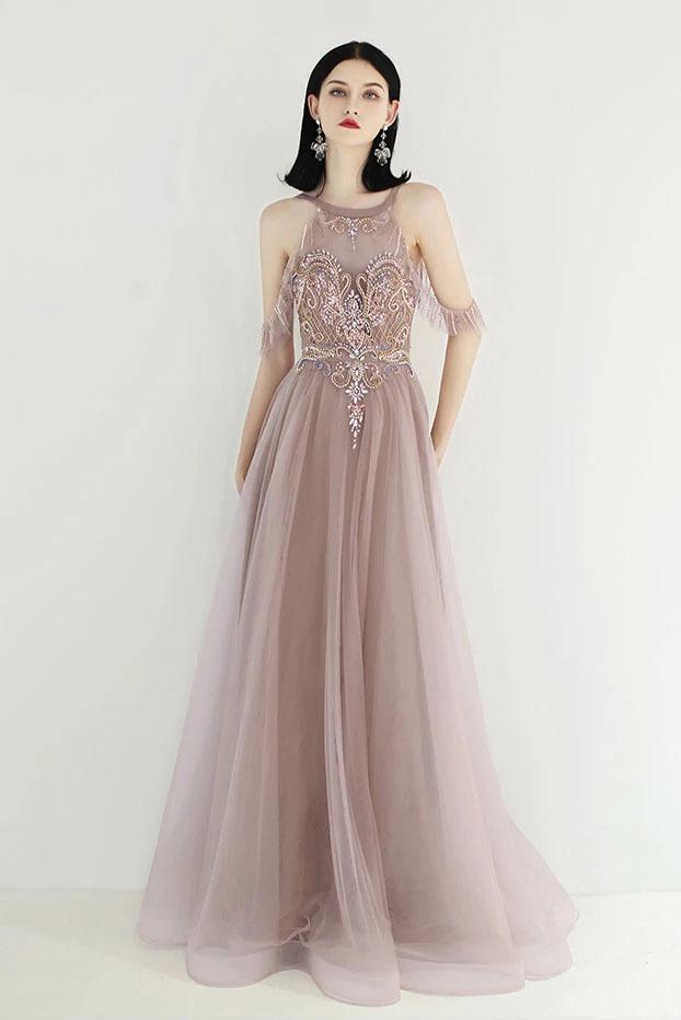 Princess Off the Shoulder Tulle Beads V Back Formal Dresses Dance Prom Dresses SRS15303