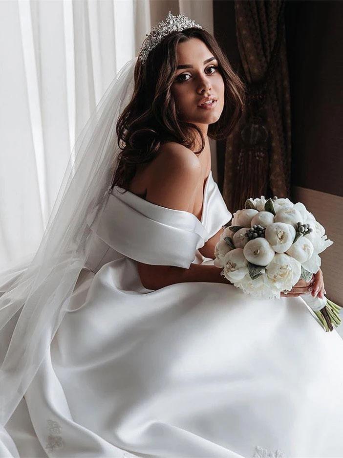 Ball Gown Off the Shoulder Satin White Sweetheart Wedding Dresses, Wedding Gowns SRS15062