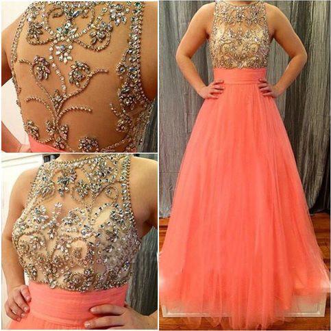 Prom Dresses Scoop Long Tulle Coral Beads Sheer Back High Neck Sleeveless Evening Dress RS867