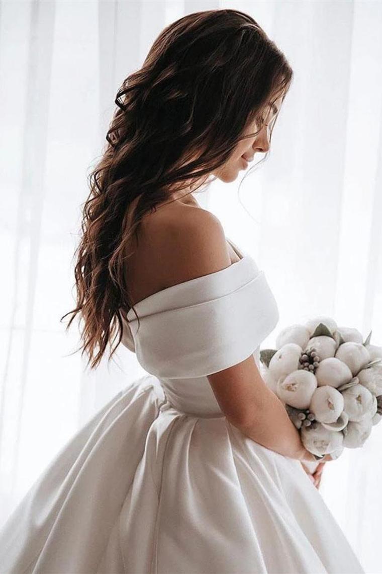 Ball Gown Off The Shoulder Satin White Sweetheart Wedding Dresses Wedding SRSP46AJRNZ