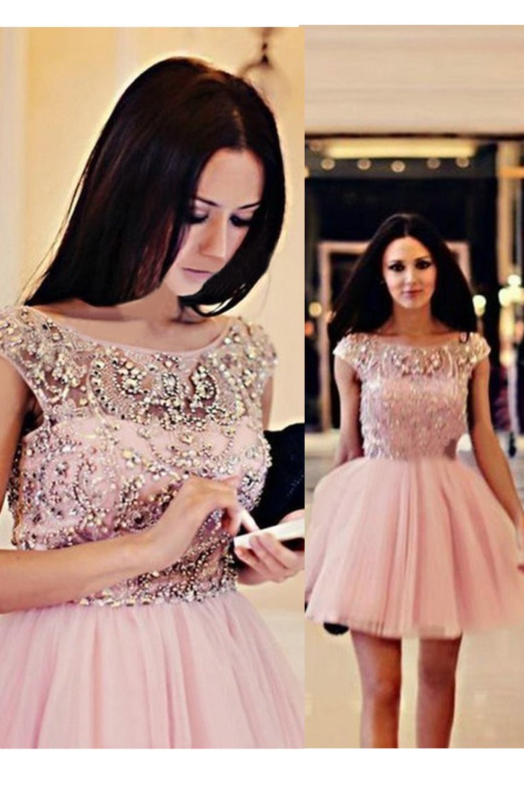 2024 Bateau A Line Short/Mini Homecoming Dresses Beaded Bodice Tulle