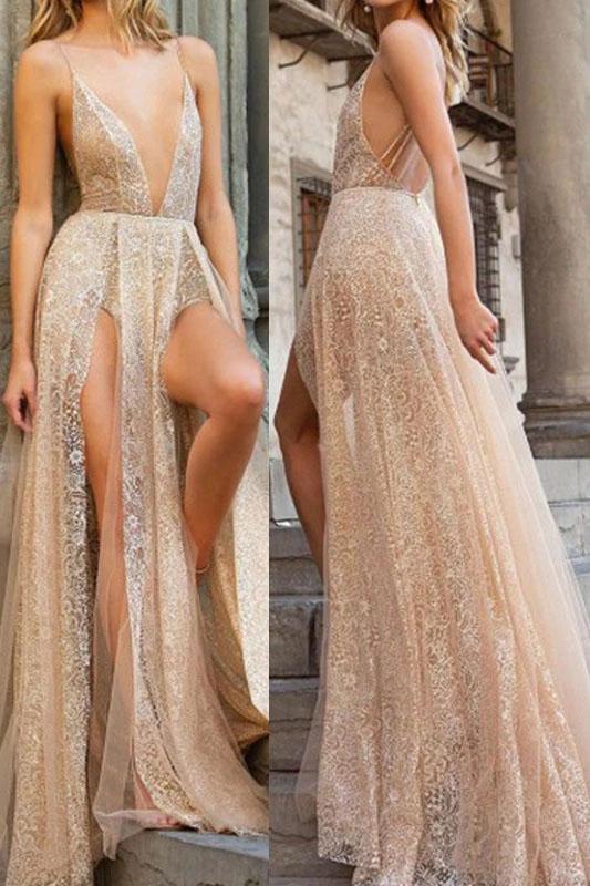Sexy Lace Spaghetti Straps Backless V Neck Long Prom Dress with High Split SRS15335