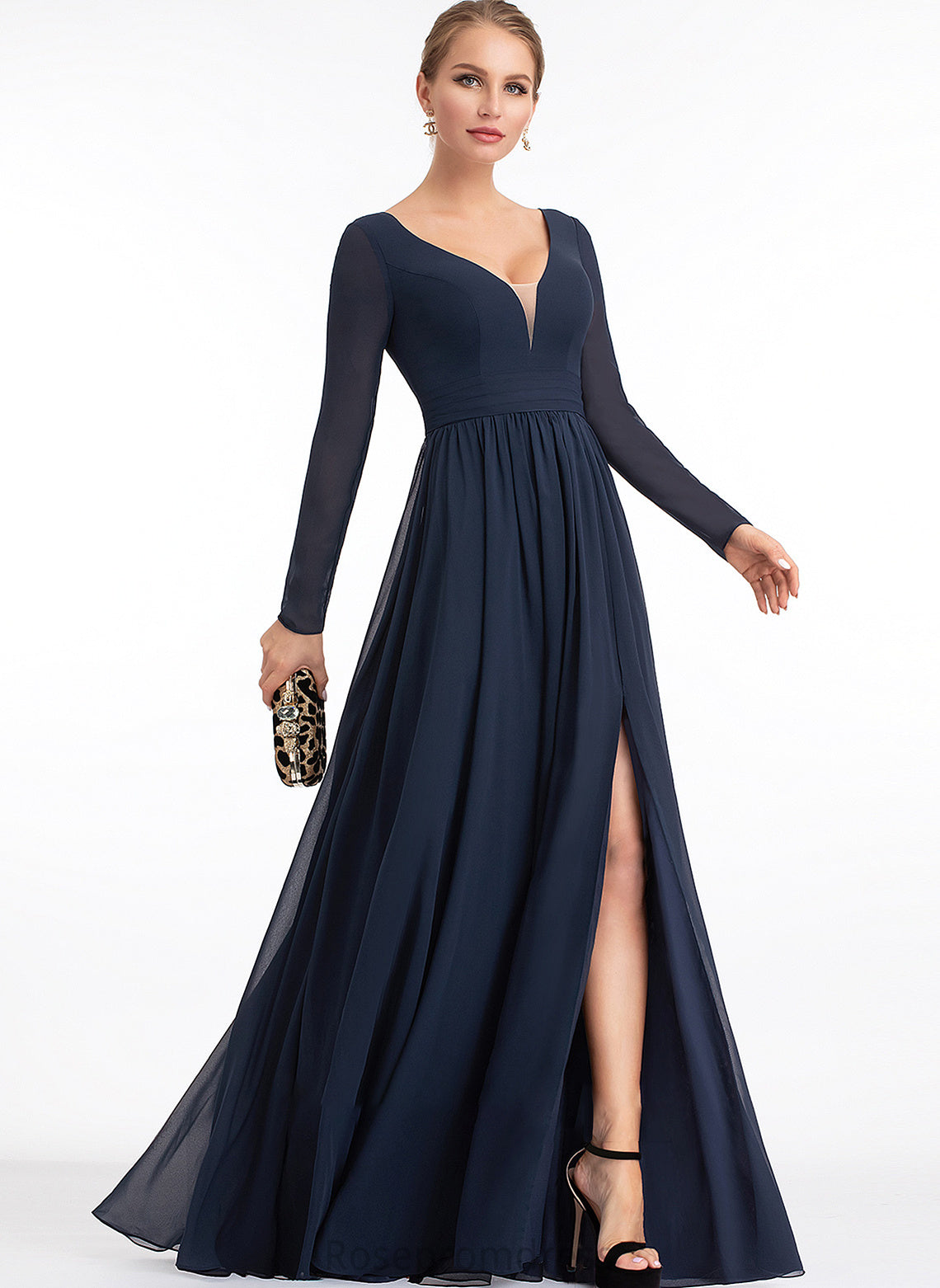 Fabric SplitFront Floor-Length Neckline Length Silhouette A-Line Embellishment V-neck Vivien Empire Waist Sleeveless Bridesmaid Dresses