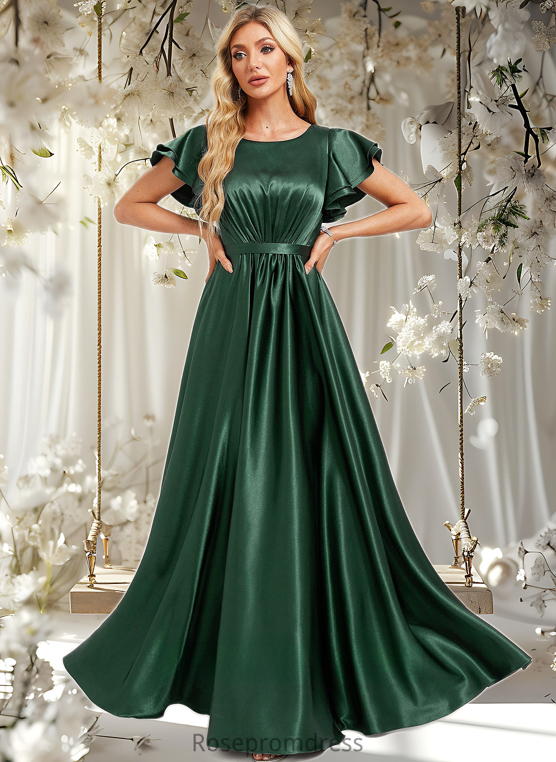 Magdalena A-line Scoop Floor-Length Stretch Satin Bridesmaid Dress With Ruffle DSP0025770