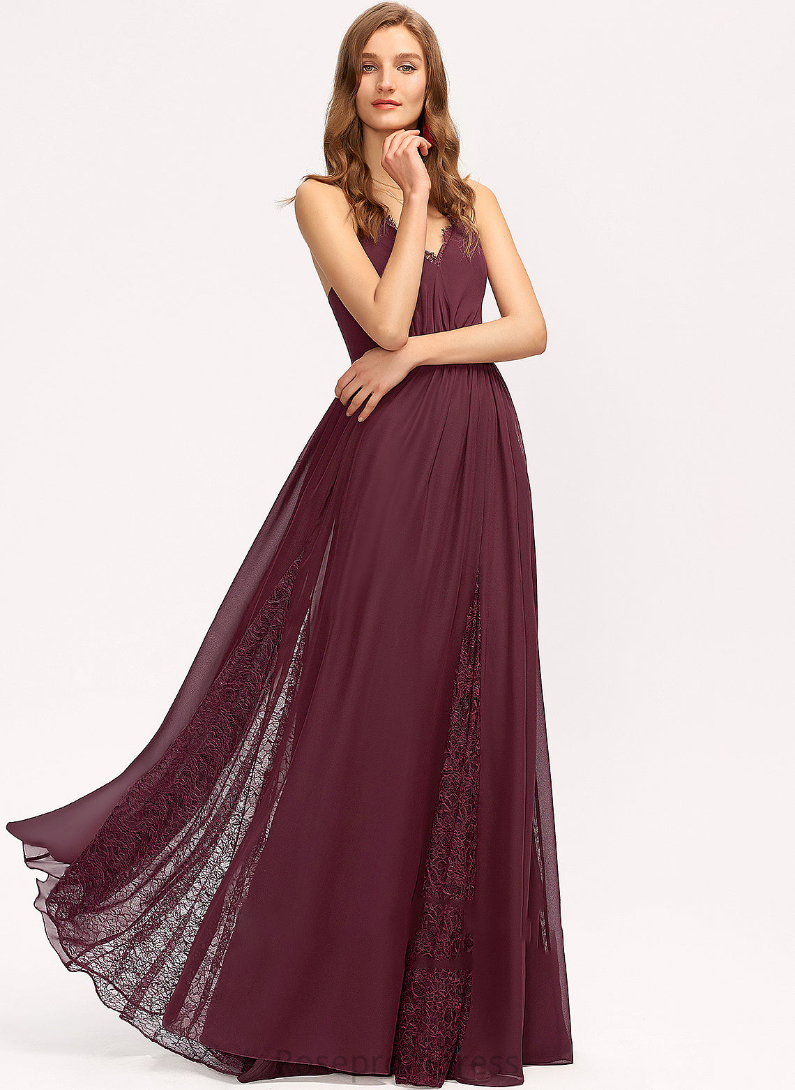 Neckline Straps Length A-Line Fabric Silhouette Lace V-neck Floor-Length Kaelyn Sleeveless Spaghetti Staps Bridesmaid Dresses