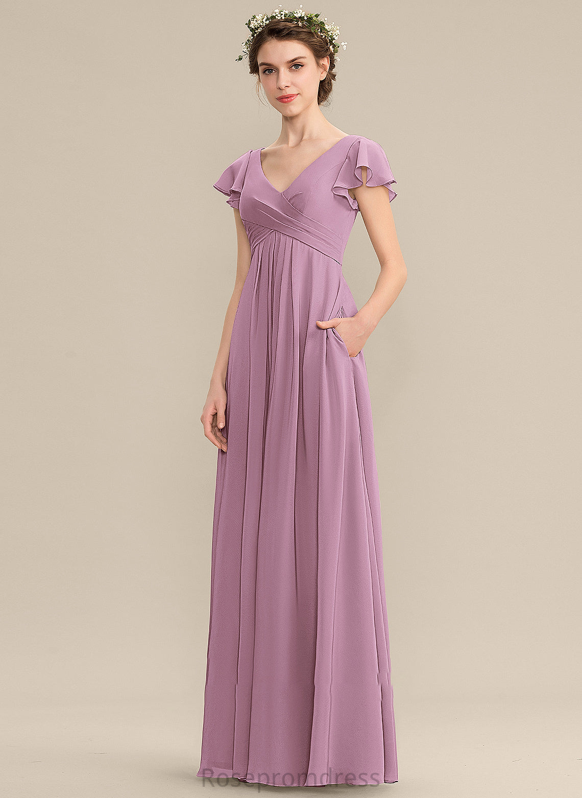 A-Line Length Embellishment Pockets Neckline CascadingRuffles Silhouette Floor-Length V-neck Fabric Cameron Bridesmaid Dresses