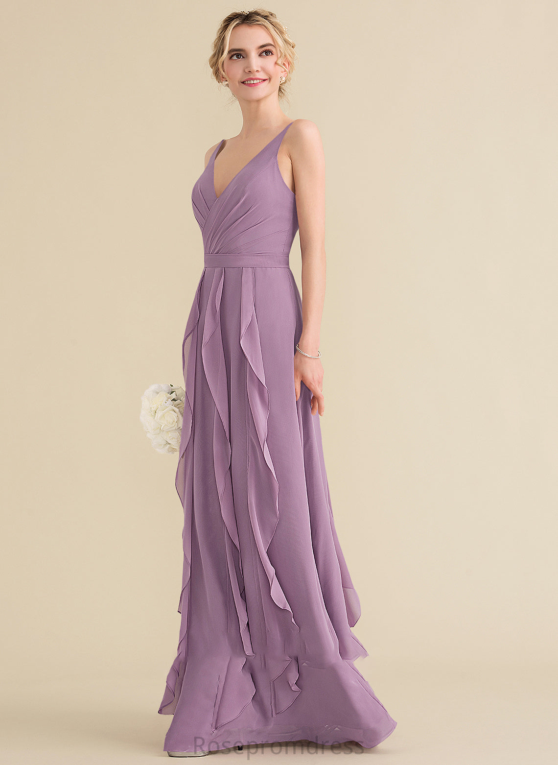 Length Floor-Length Silhouette Neckline V-neck Fabric CascadingRuffles A-Line Embellishment Jean Sleeveless Natural Waist Bridesmaid Dresses
