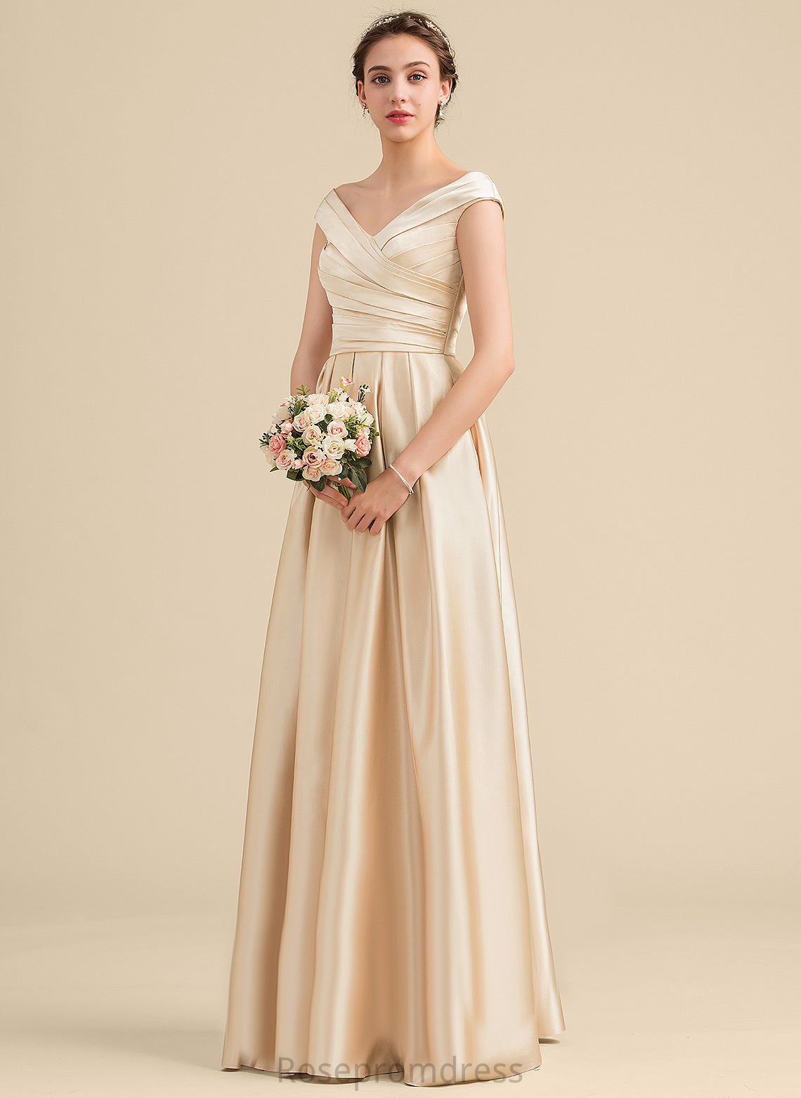 Straps&Sleeves Silhouette Fabric A-line Satin OfftheShoulder Floor-Length Length Neckline Maribel A-Line/Princess Natural Waist Bridesmaid Dresses