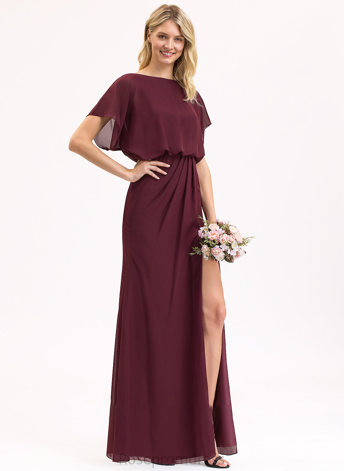 ScoopNeck Ruffle SplitFront Fabric Embellishment Neckline Length Sheath/Column Floor-Length Silhouette Kasey Bridesmaid Dresses