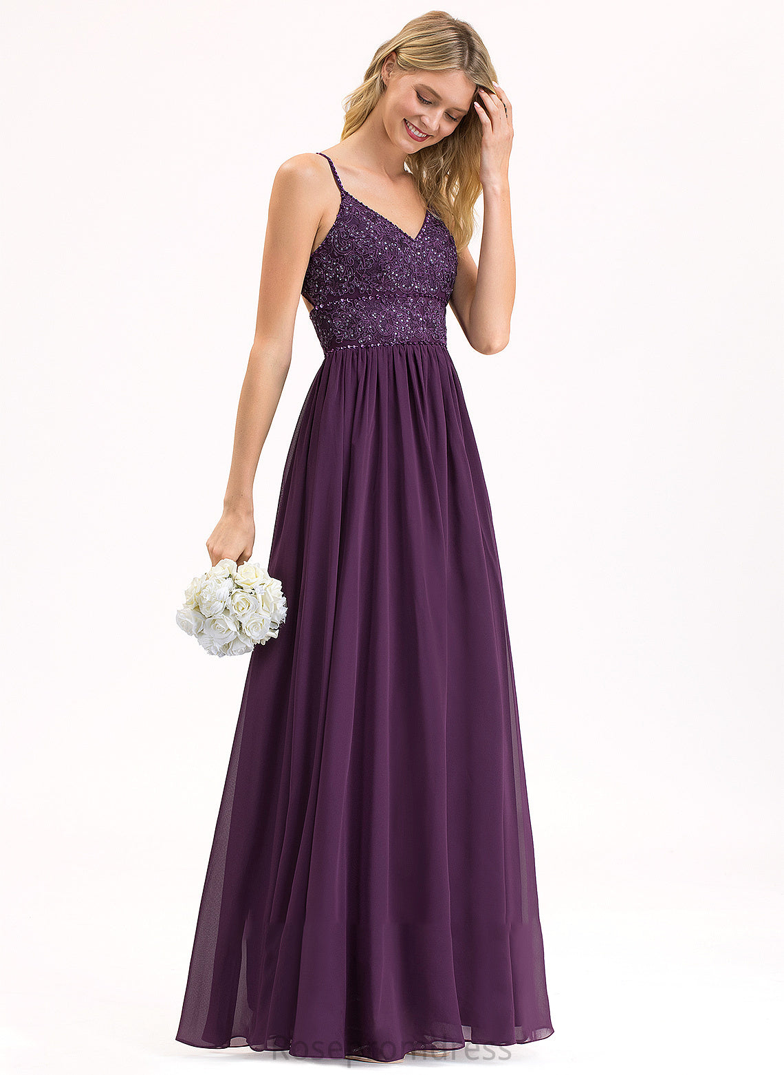 Floor-Length Sequins Neckline Beading Length Fabric A-Line V-neck Silhouette Embellishment Angel Sleeveless Bridesmaid Dresses