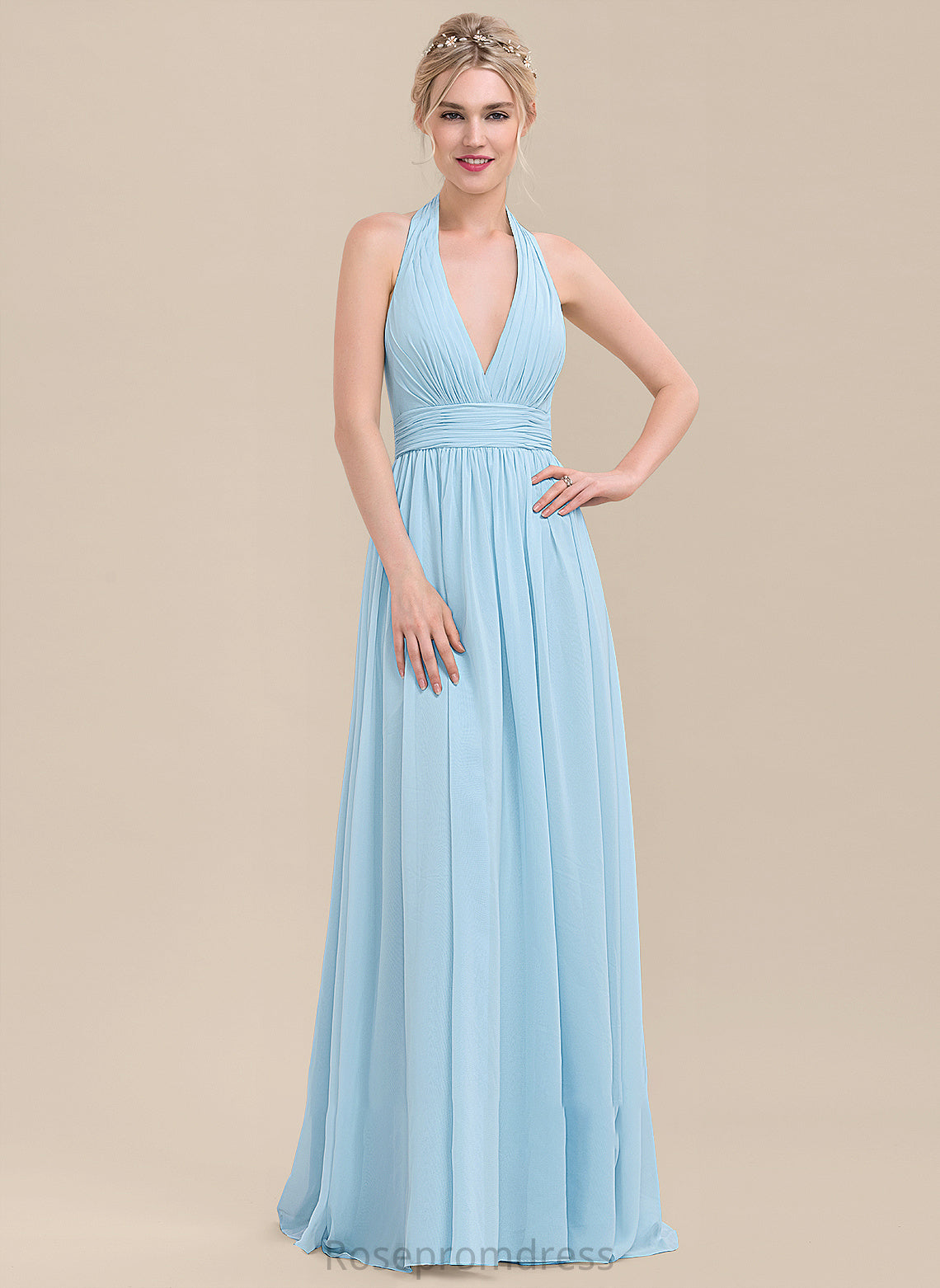 Halter A-Line Ruffle Fabric Silhouette Length Neckline Floor-Length Embellishment Karsyn A-Line/Princess Sleeveless Bridesmaid Dresses