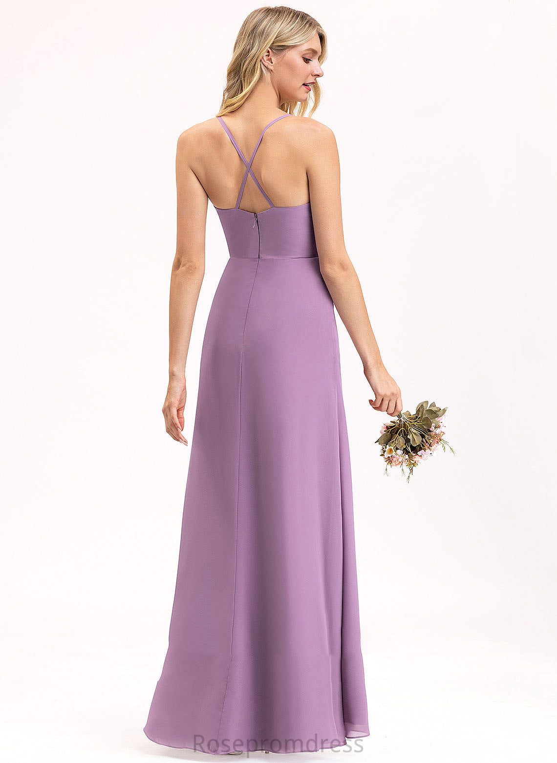 Fabric Neckline Silhouette Embellishment Floor-Length A-Line Ruffle Length V-neck SplitFront Mira Bridesmaid Dresses
