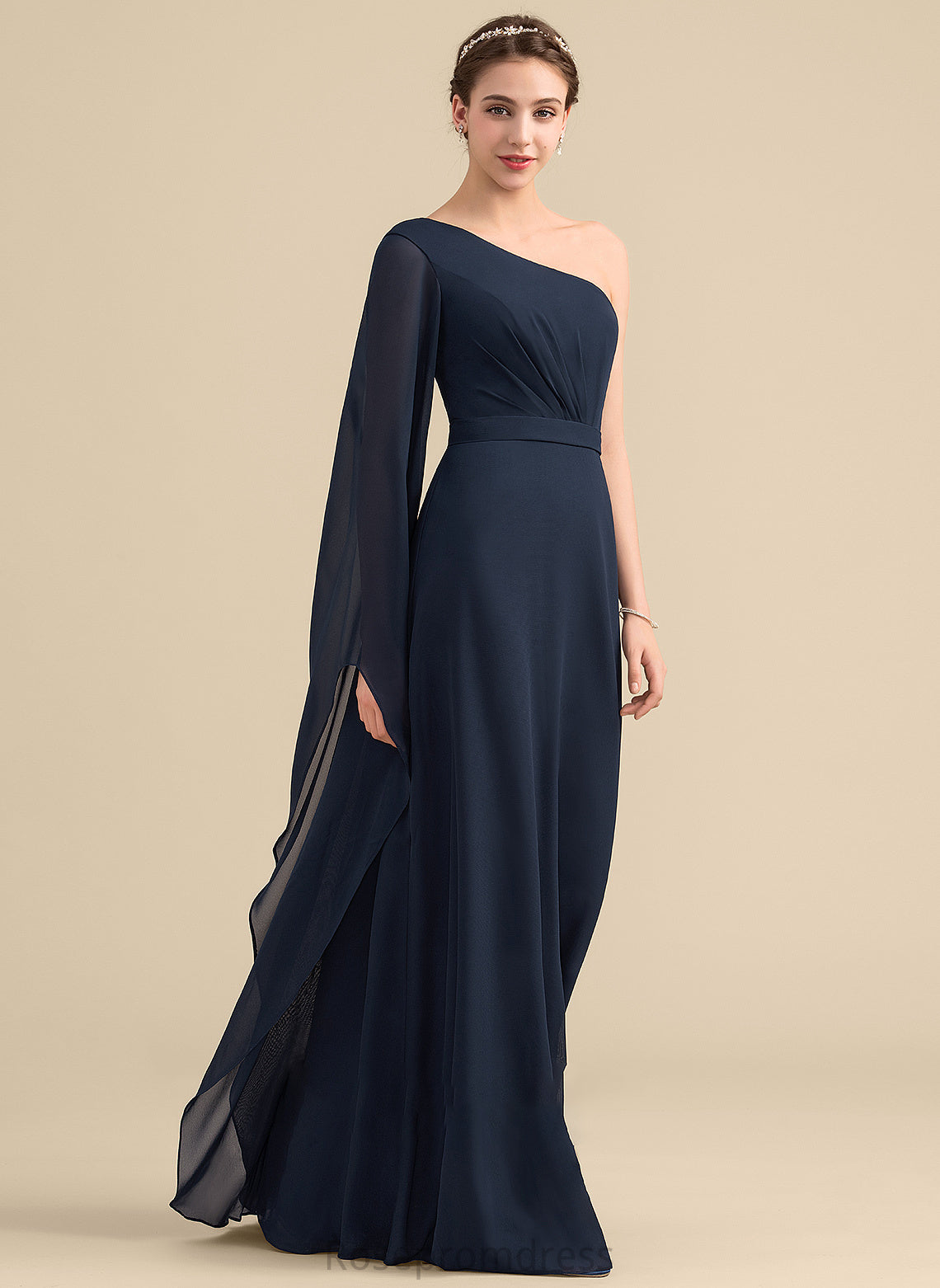 Silhouette Fabric Ruffle Neckline Embellishment Length Floor-Length One-Shoulder A-Line Roselyn Half Sleeves Floor Length Bridesmaid Dresses