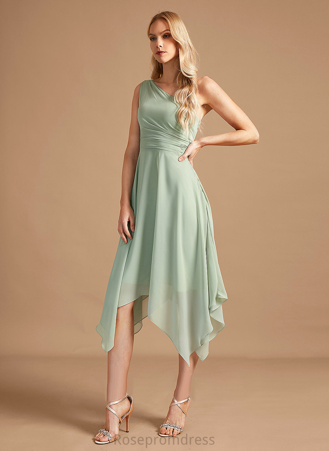 A-Line Embellishment One-Shoulder Fabric Ruffle Length Silhouette Neckline Asymmetrical Livia Natural Waist V-Neck Bridesmaid Dresses