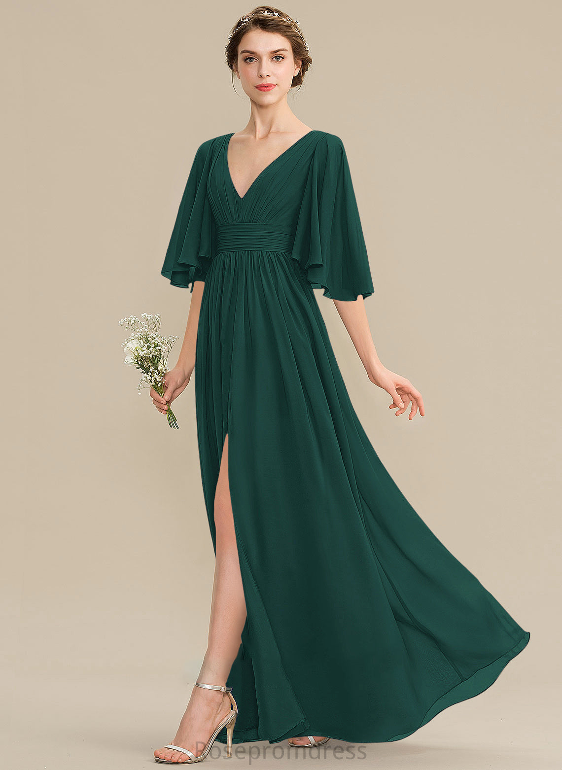 SplitFront Silhouette Bow(s) Floor-Length Neckline Fabric V-neck A-Line Length Ruffle Embellishment Kierra Bridesmaid Dresses