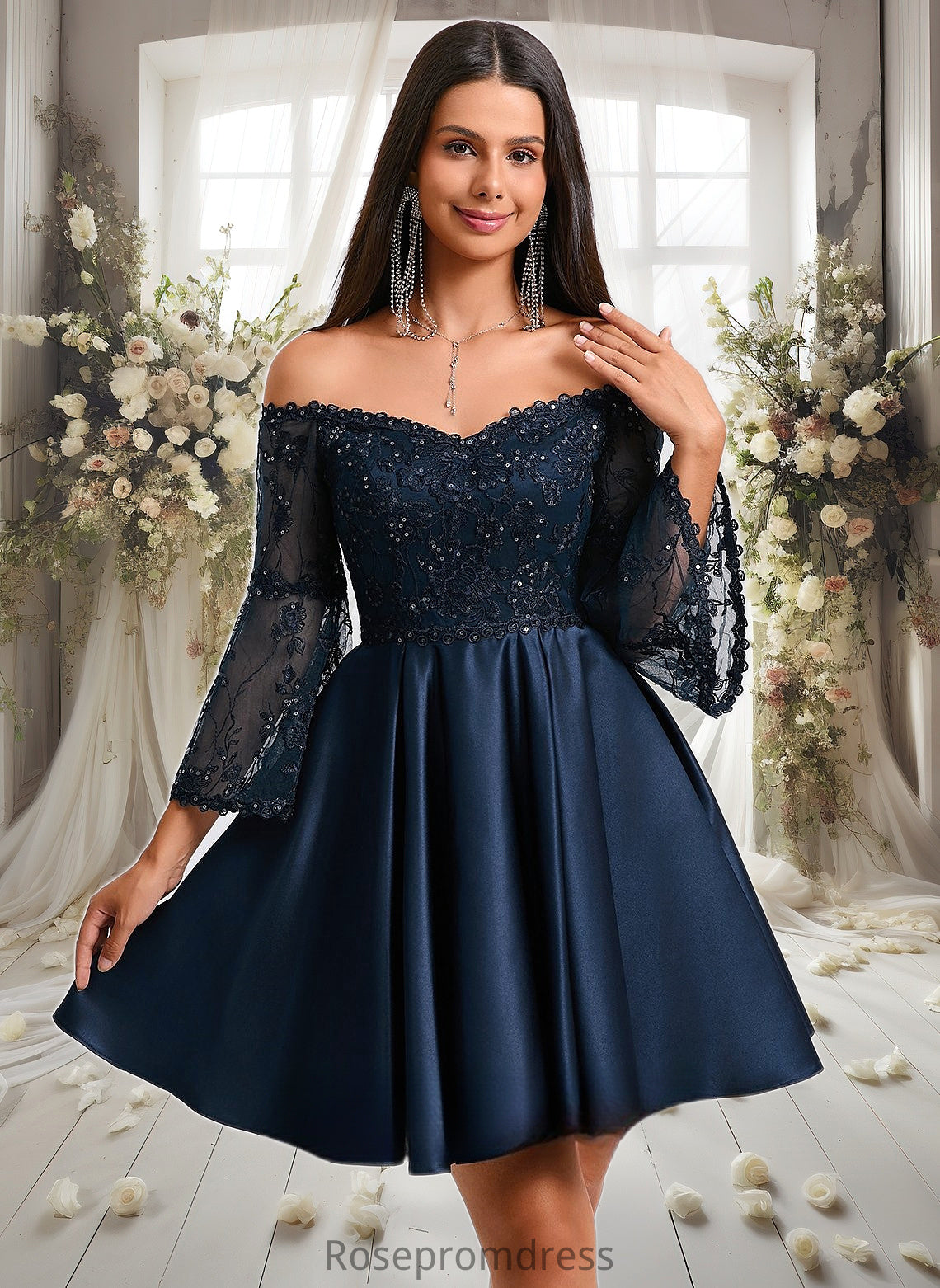 Nyasia A-line Off the Shoulder Short Satin Homecoming Dress With Sequins DSP0025651