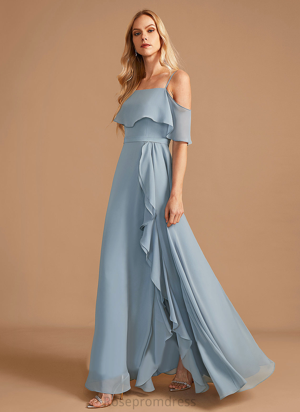 Length SplitFront Silhouette Neckline A-Line Fabric Floor-Length Off-the-Shoulder Ruffle Embellishment Scarlet Bridesmaid Dresses