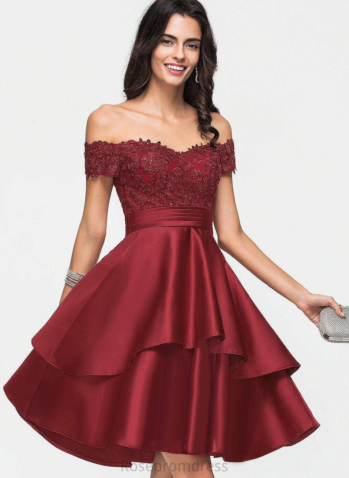 Sequins A-Line Knee-Length Dress Salma With Off-the-Shoulder Cocktail Cocktail Dresses Satin Lace