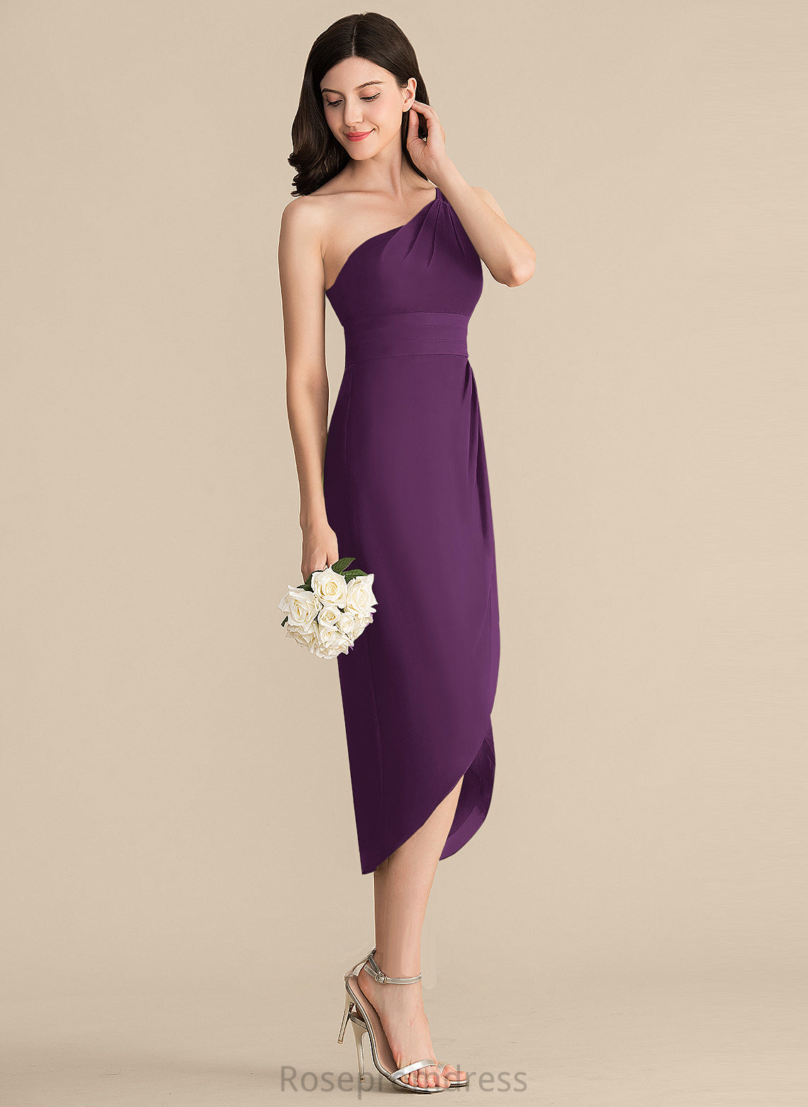 Asymmetrical Neckline Ruffle Silhouette Embellishment Sheath/Column Fabric One-Shoulder Length Cassie Sleeveless A-Line/Princess Bridesmaid Dresses