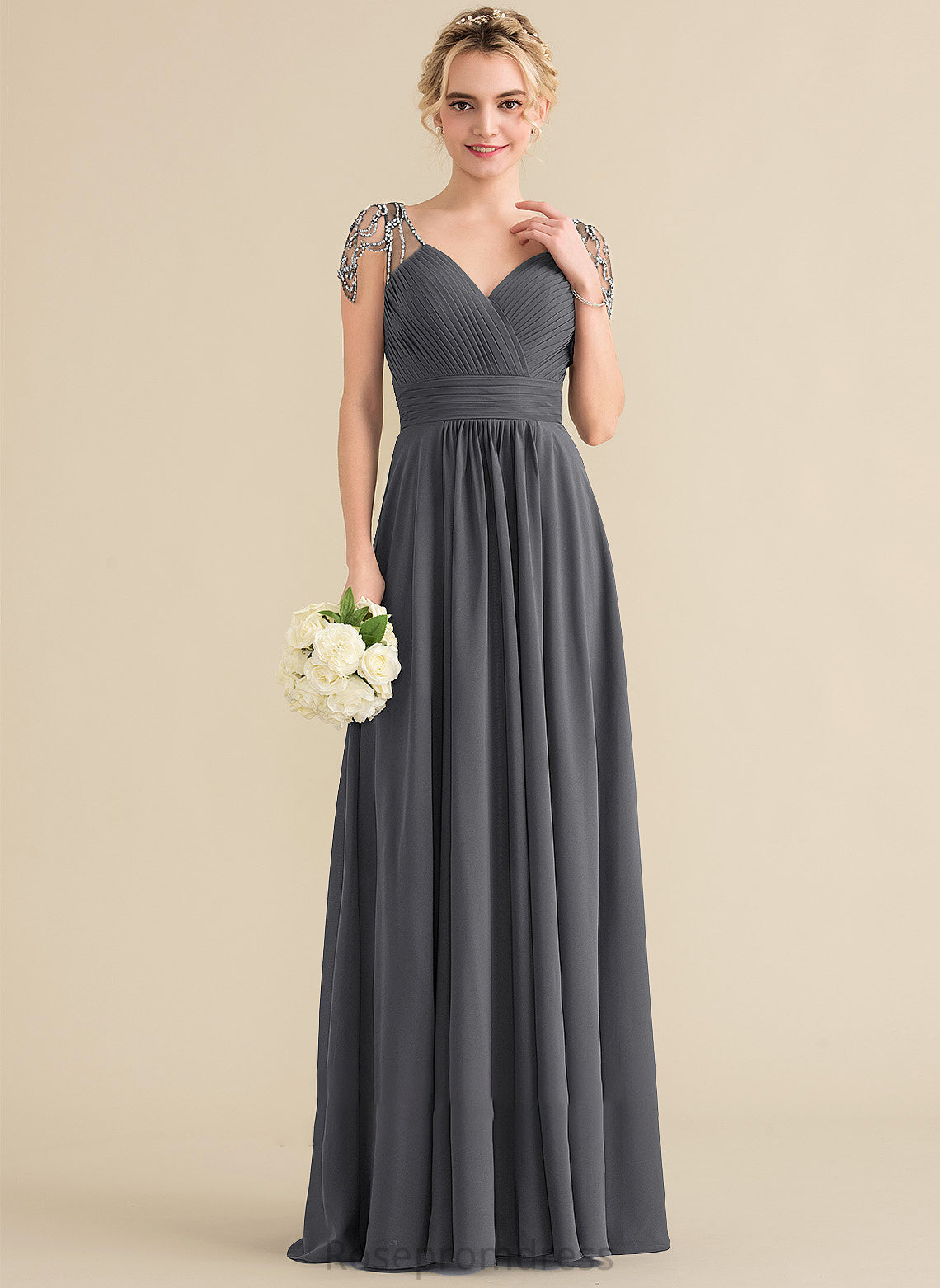 Beading Fabric Embellishment Neckline Silhouette Ruffle Floor-Length Sequins A-Line V-neck Length Aliya Bridesmaid Dresses