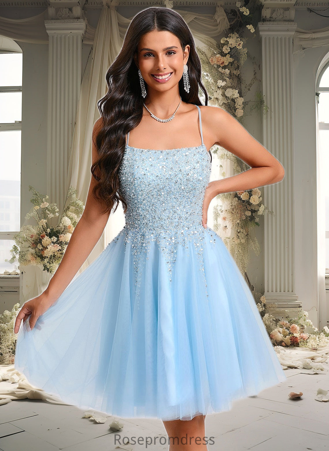 Tessa A-line Scoop Short Tulle Sequin Homecoming Dress With Sequins Beading DSP0025706