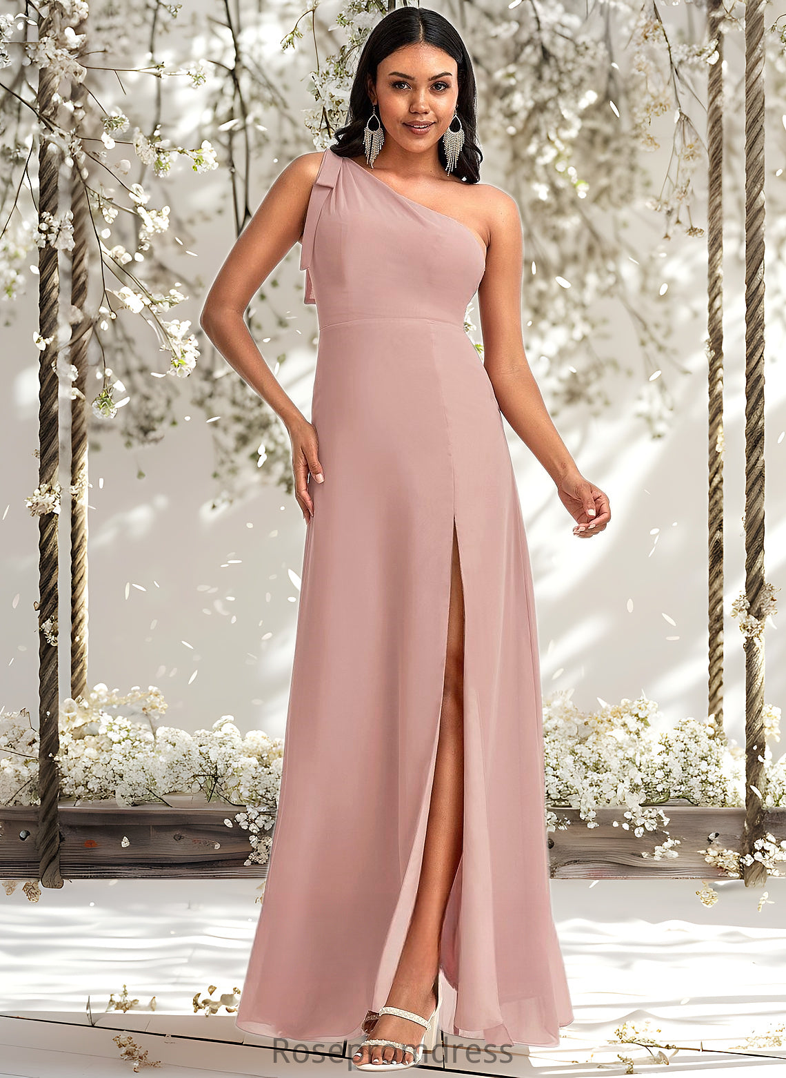 Mandy A-line One Shoulder Floor-Length Chiffon Bridesmaid Dress With Bow DSP0025748