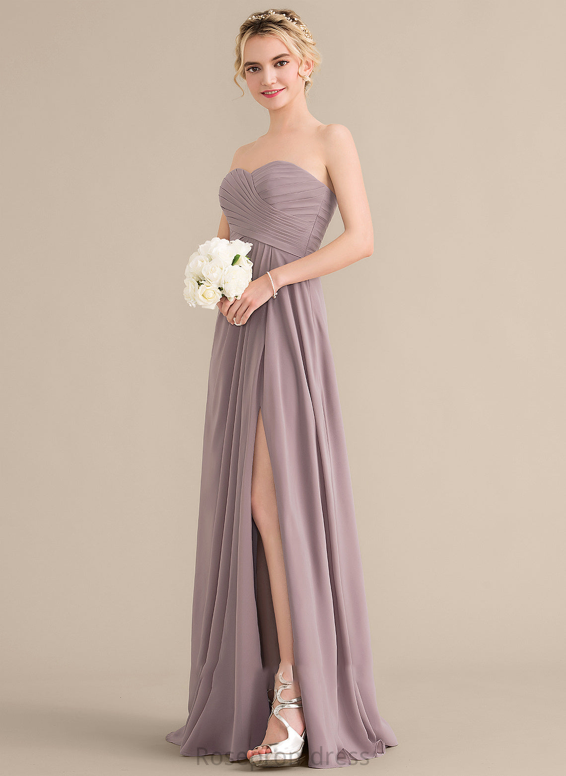 SplitFront Floor-Length Neckline Sweetheart Fabric Silhouette A-Line Length Ruffle Embellishment Kiana Spaghetti Staps Bridesmaid Dresses