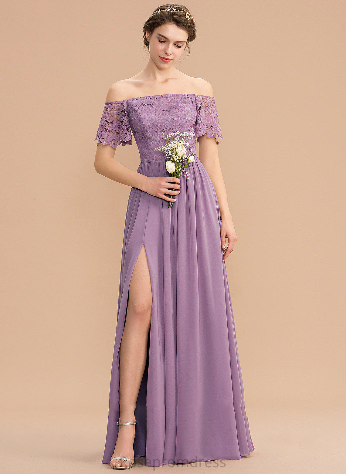 Neckline Length Fabric Off-the-Shoulder A-Line SplitFront Embellishment Silhouette Floor-Length Kiera Bridesmaid Dresses