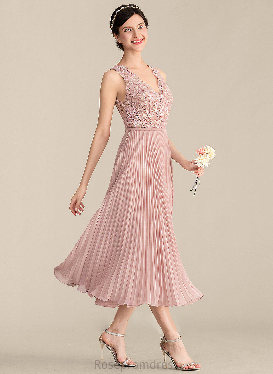 V-neck A-Line Fabric Pleated Neckline Silhouette Tea-Length Embellishment Length Destinee A-Line/Princess Sleeveless Bridesmaid Dresses