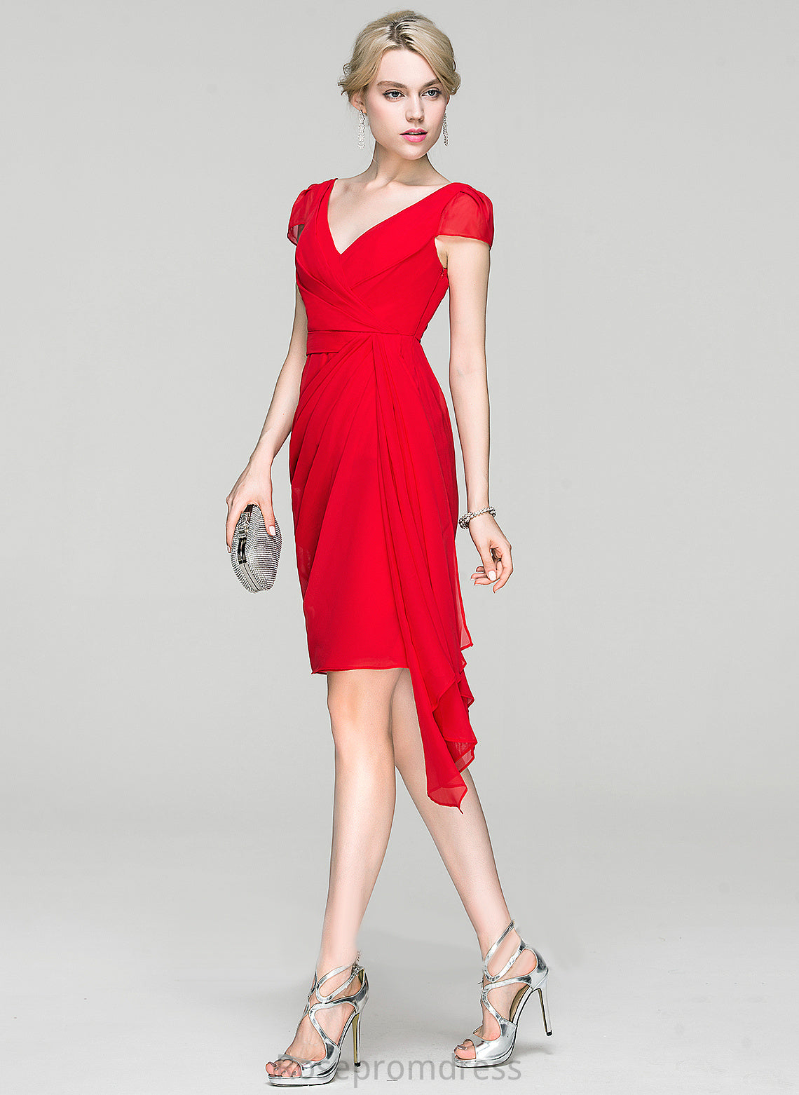 Ruffle Sheath/Column Chiffon Dress Madyson With Ruffles V-neck Cascading Cocktail Cocktail Dresses Knee-Length