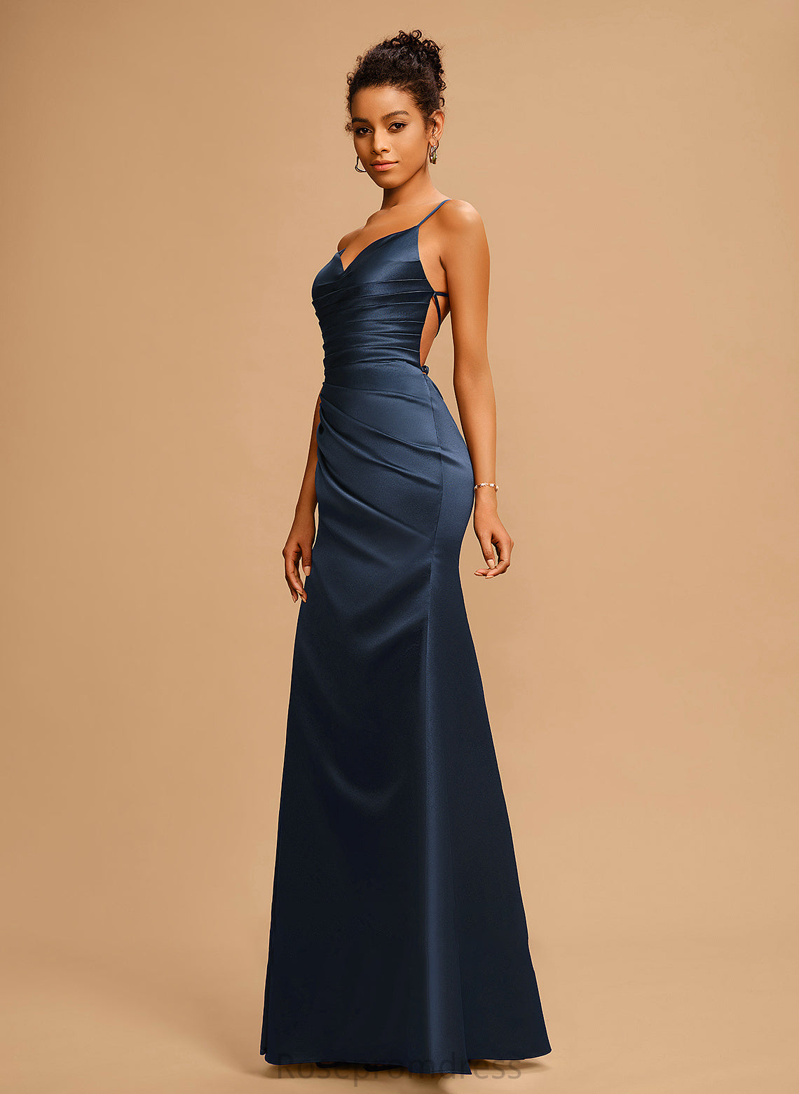 Satin Sheath/Column Floor-Length Prom Dresses Pleated Cristina With V-neck