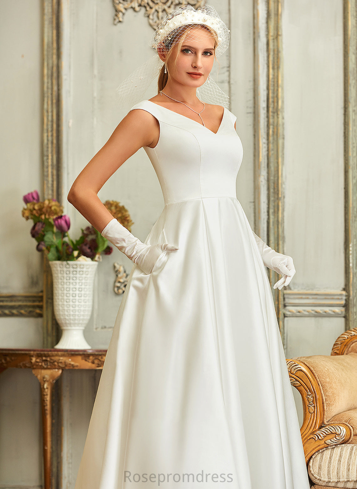Pockets V-neck Dayana With Satin Asymmetrical Dress Wedding Wedding Dresses Ball-Gown/Princess