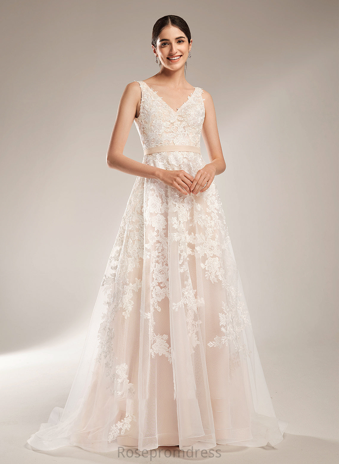 A-Line V-neck Court Dress Wedding Dresses Train Ashly Wedding