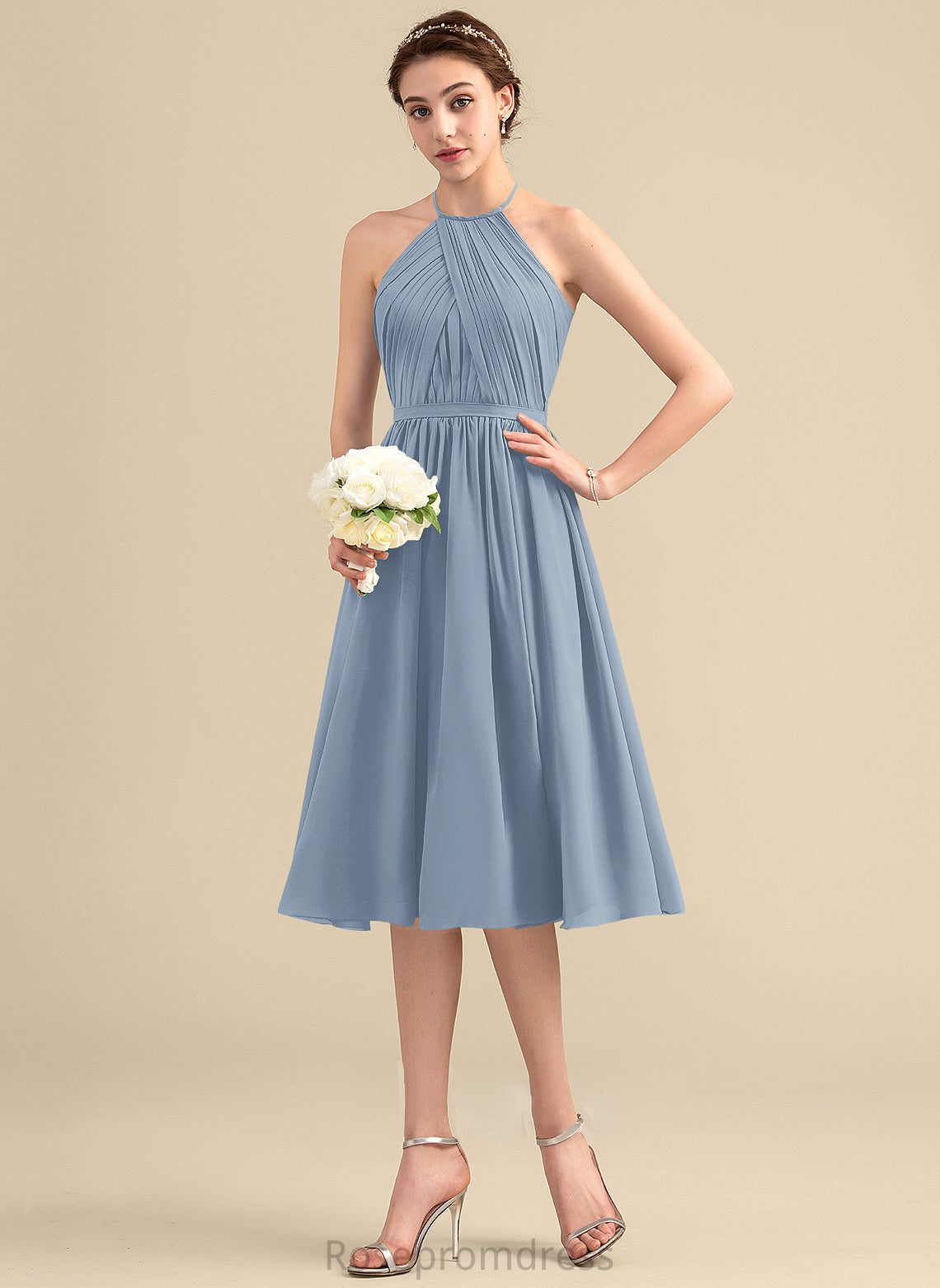 Ruffle Fabric Neckline Knee-Length Length Silhouette A-Line ScoopNeck Embellishment Kira Sleeveless Straps Bridesmaid Dresses