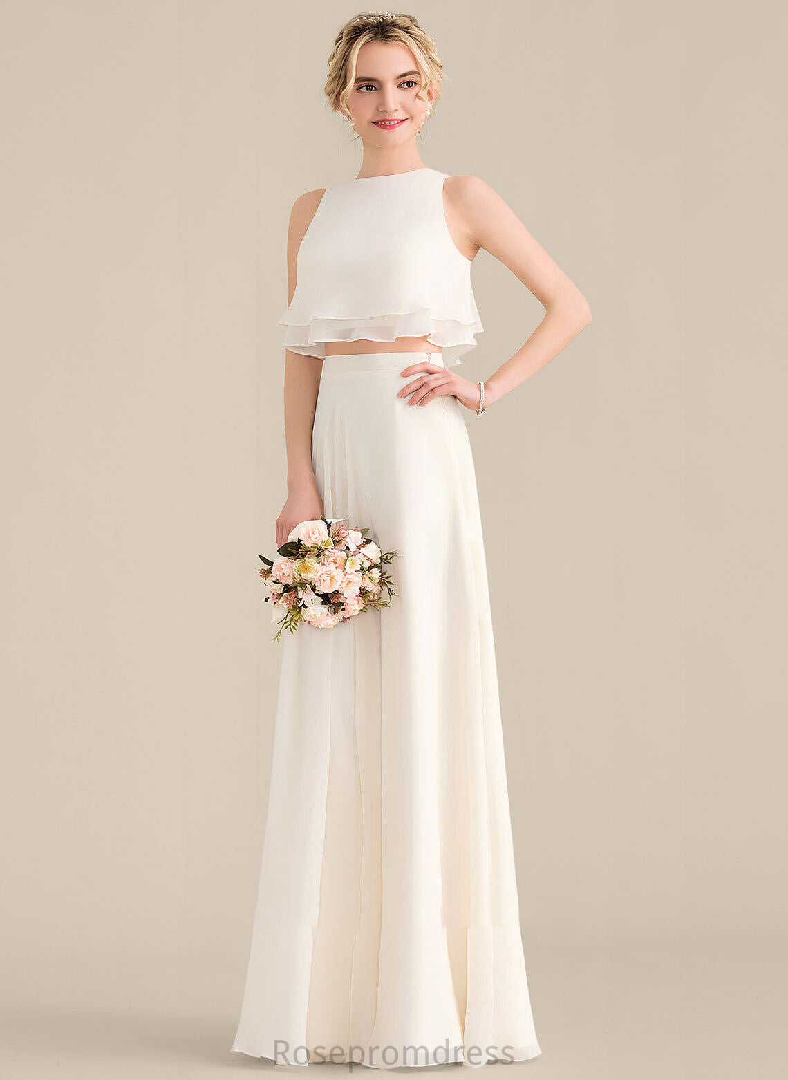 CascadingRuffles Neckline ScoopNeck Floor-Length Fabric Length Silhouette Embellishment A-Line Miya Natural Waist V-Neck Bridesmaid Dresses