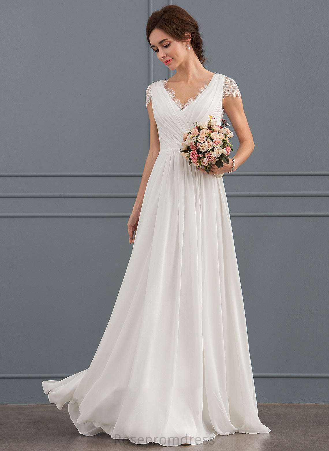 Ruffle V-neck Lace Chiffon Wedding A-Line Floor-Length With Dress Gillian Wedding Dresses