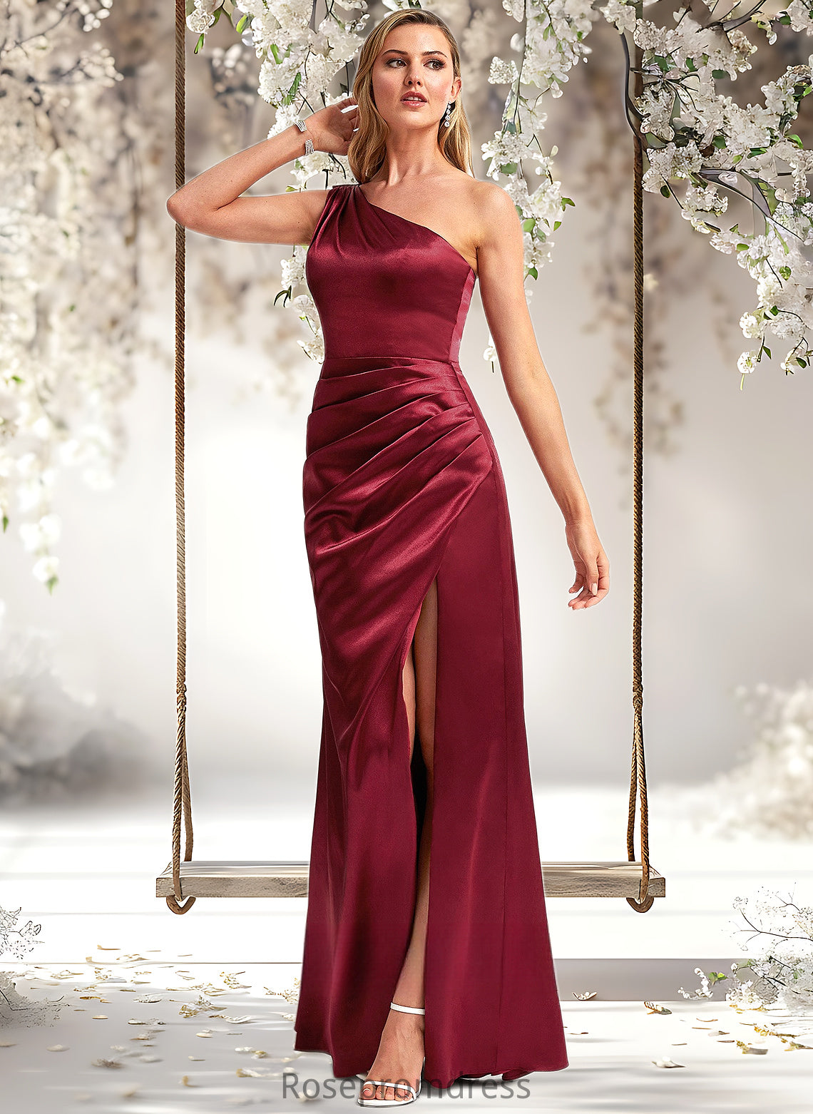 Giuliana A-line One Shoulder Floor-Length Stretch Satin Bridesmaid Dress With Bow DSP0025758