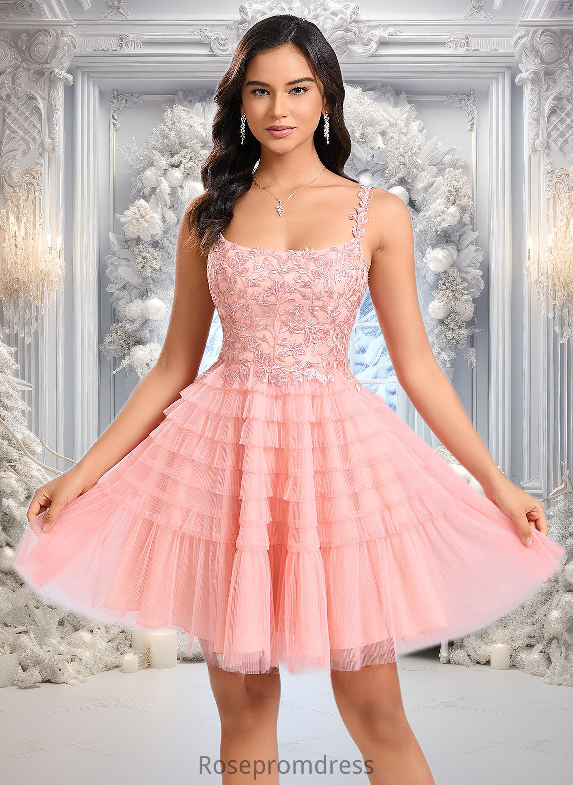 Madison Ball-Gown/Princess Scoop Short Tulle Lace Homecoming Dress With Ruffle DSP0025676