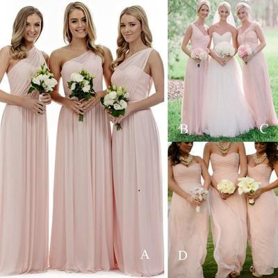 Long Light Pink Mismatched A-Line One Shoulder Sleeveless Elegant Bridesmaid Dresses RS523