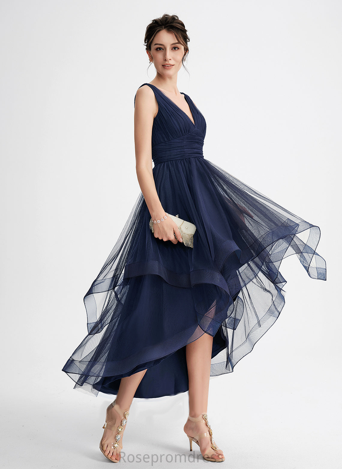 Tulle Pleated V-neck A-Line With Cascading Dress Asymmetrical Cocktail Cocktail Dresses Ruffles Nina