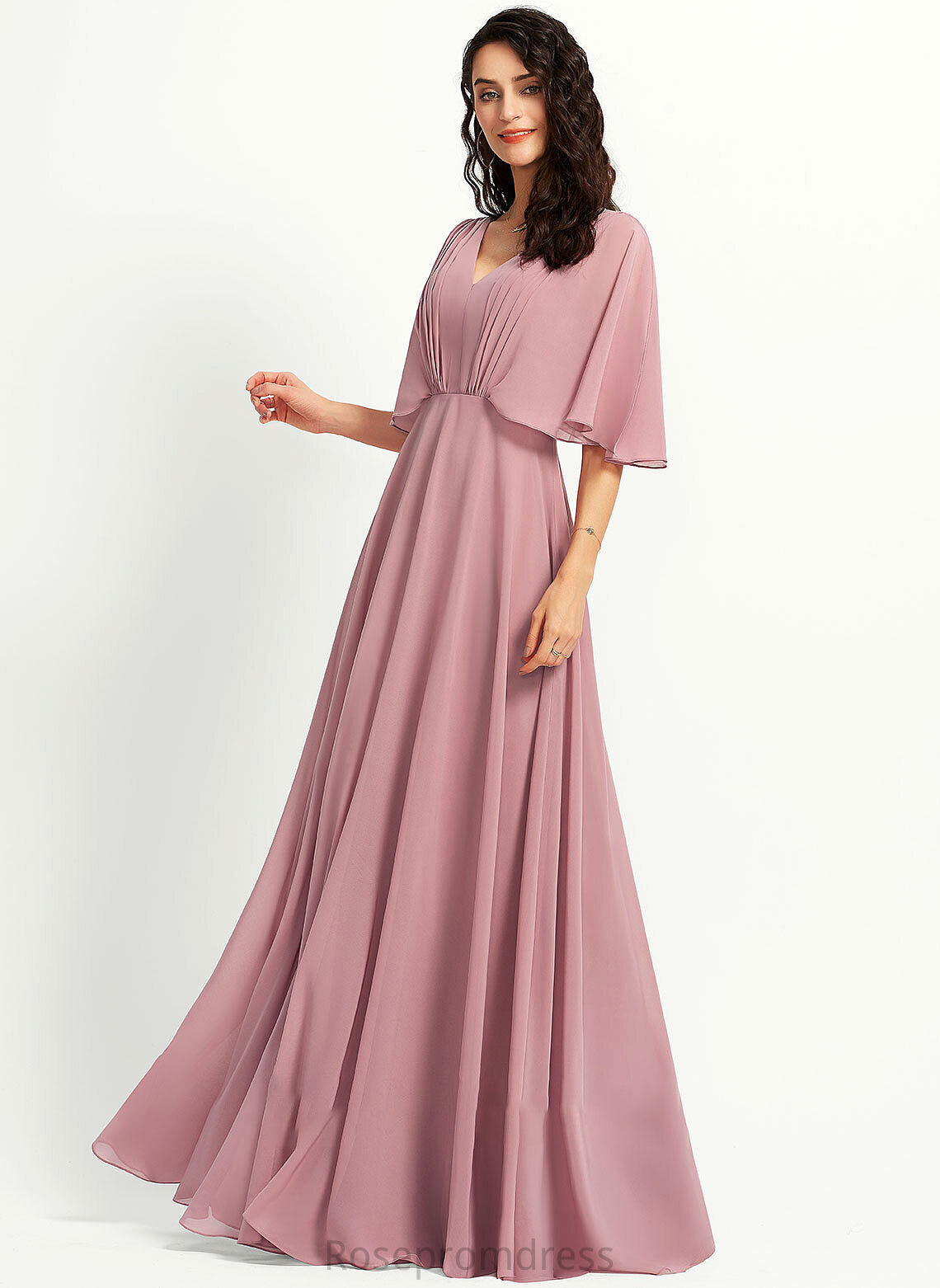 Length Silhouette Ruffle Floor-Length A-Line Fabric Embellishment V-neck Neckline Larissa Bridesmaid Dresses