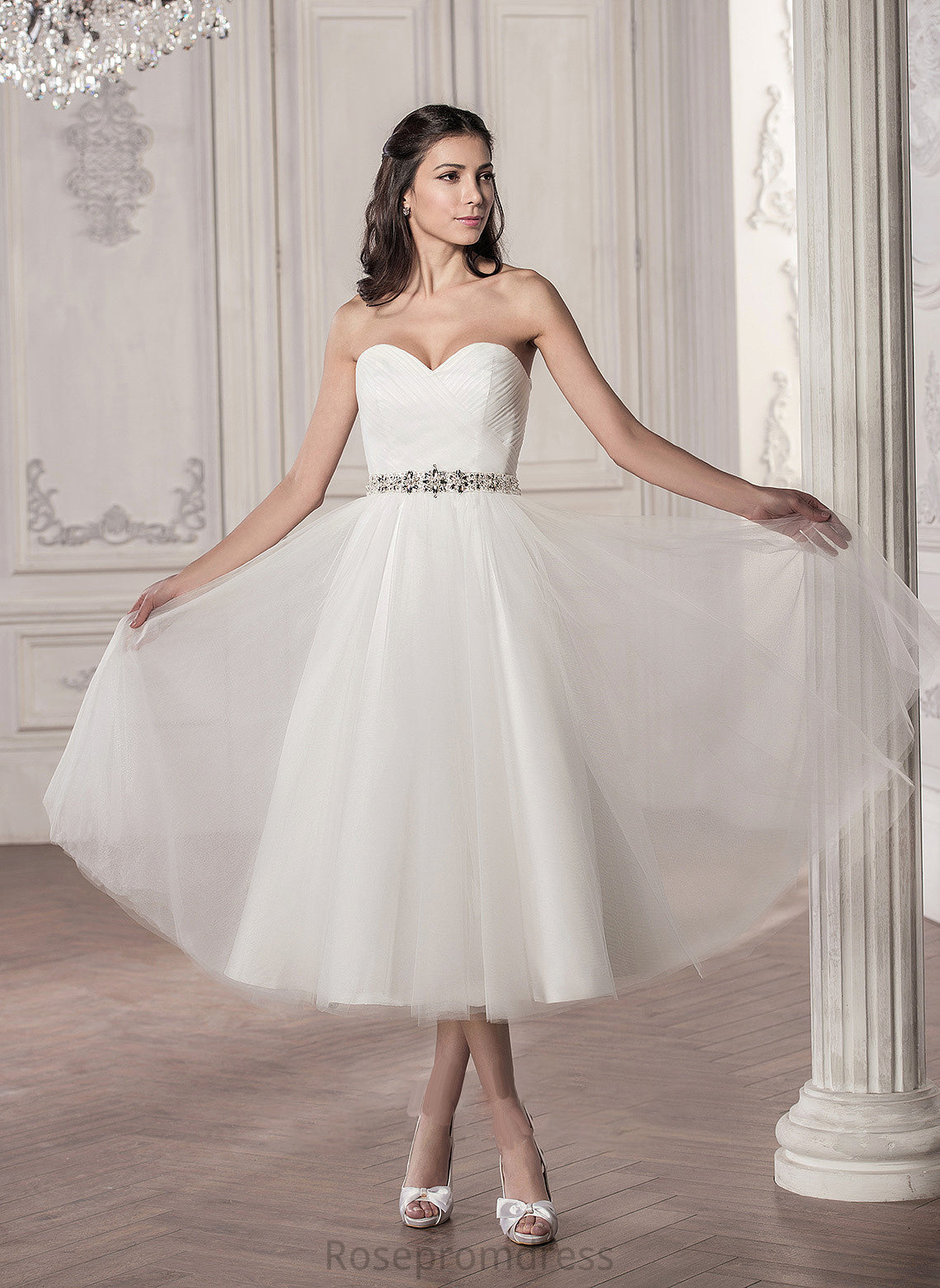 Ruffle Beading A-Line Wedding Wedding Dresses Jaylen Tea-Length Dress Tulle Sweetheart With Sequins