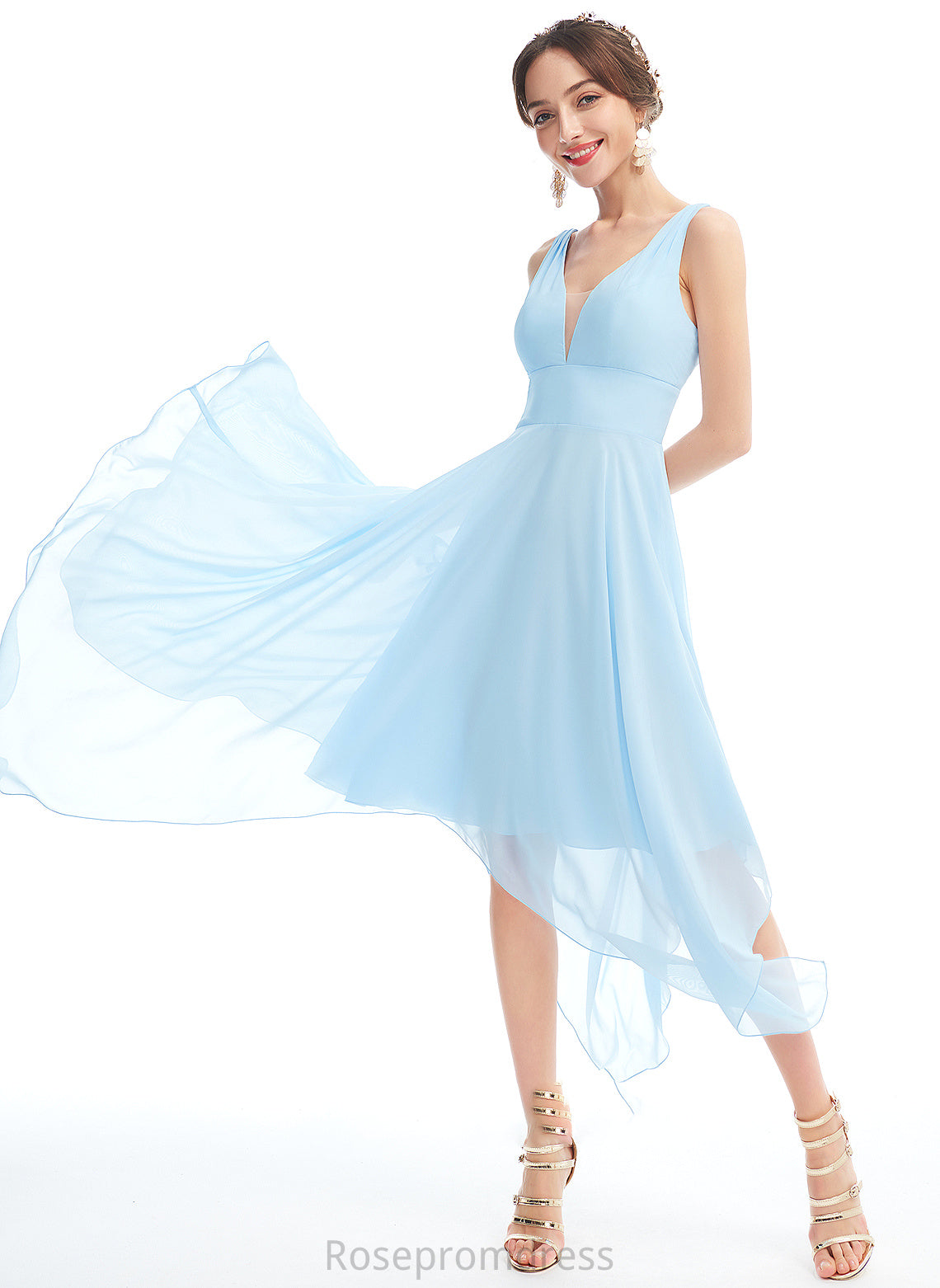 V-neck Asymmetrical Length Fabric Neckline A-Line Silhouette Embellishment Ruffle Mary Natural Waist A-Line/Princess Bridesmaid Dresses