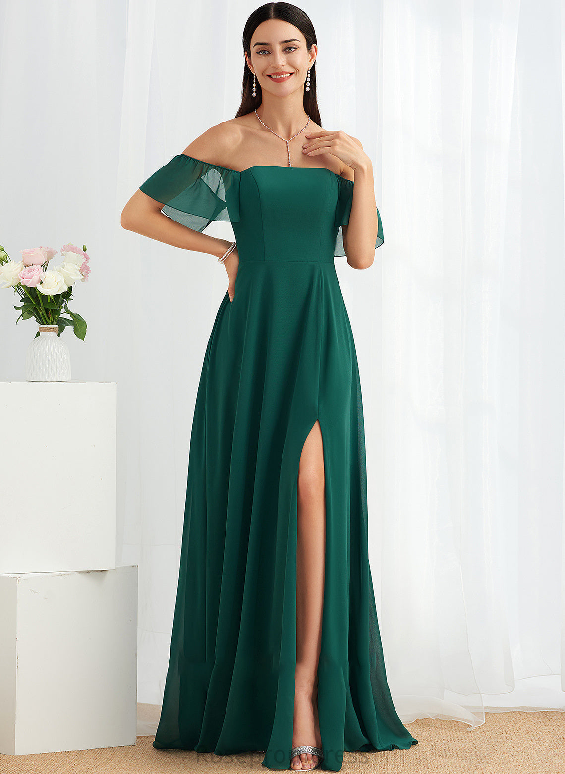 Length Off-the-Shoulder Embellishment A-Line Fabric Silhouette Floor-Length Neckline SplitFront Azul Bridesmaid Dresses