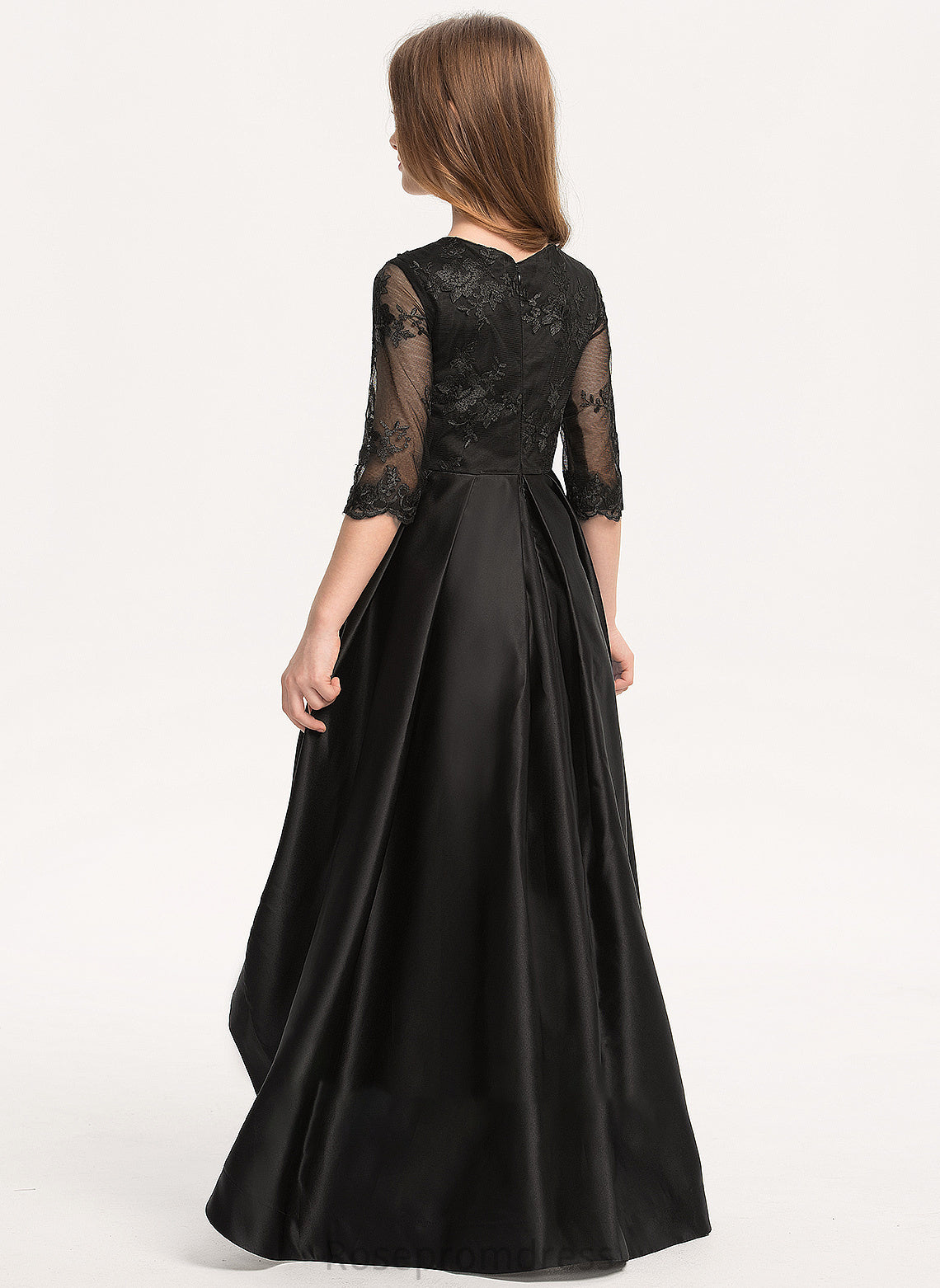 With Karma Satin Asymmetrical Neck Junior Bridesmaid Dresses Lace Ruffle A-Line Scoop